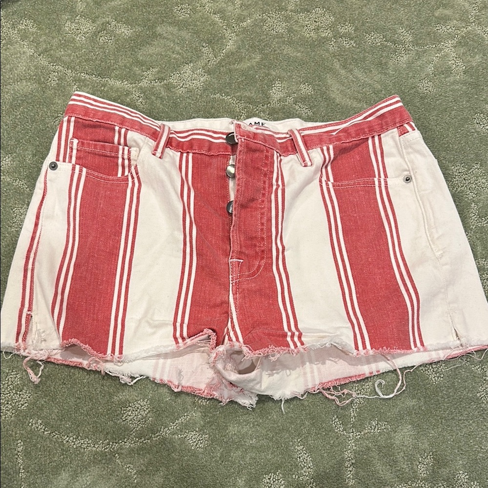 Frame Denim- Red and White Striped Jean Shorts